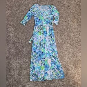 Lilly Pulitzer V-Neck Midi Dress - Waist Tie, White with Blue & Green Pattern
